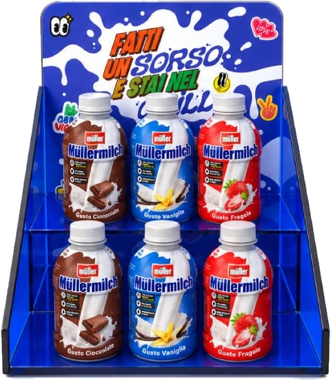 Espositore Müllermilch in plexiglass blu con le bottiglie