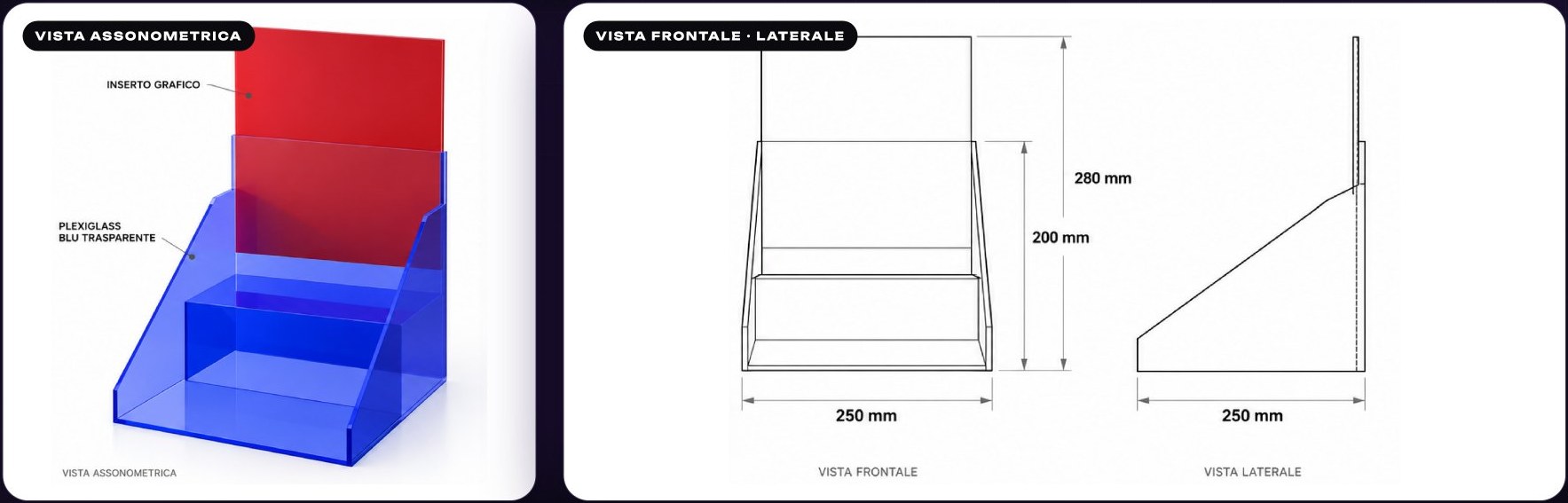 Vista assonometrica e viste quotate dell'espositore