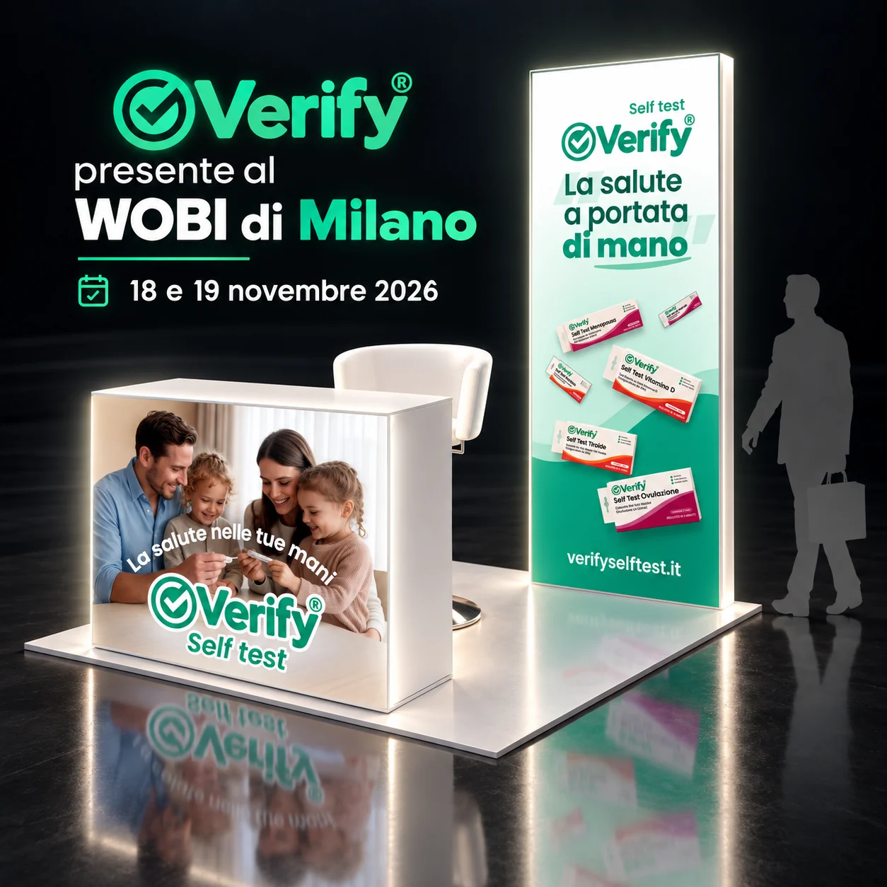 Mockup dello stand Verify® al WOBI di Milano: banco reception retroilluminato e totem luminoso