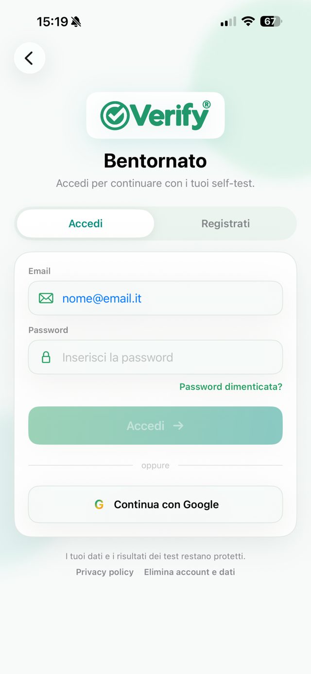 Schermata di accesso con email o Google