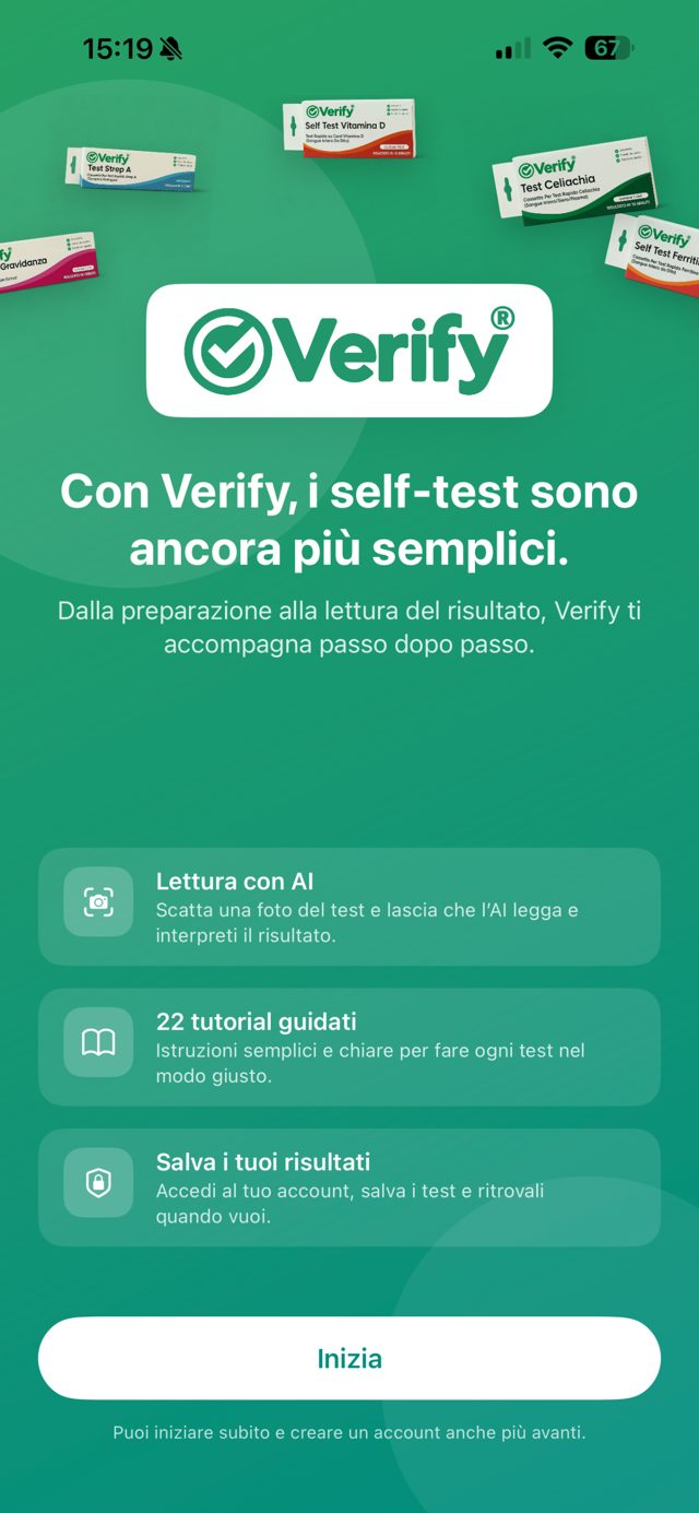 Schermata iniziale: lettura con AI, tutorial guidati, salva i tuoi risultati